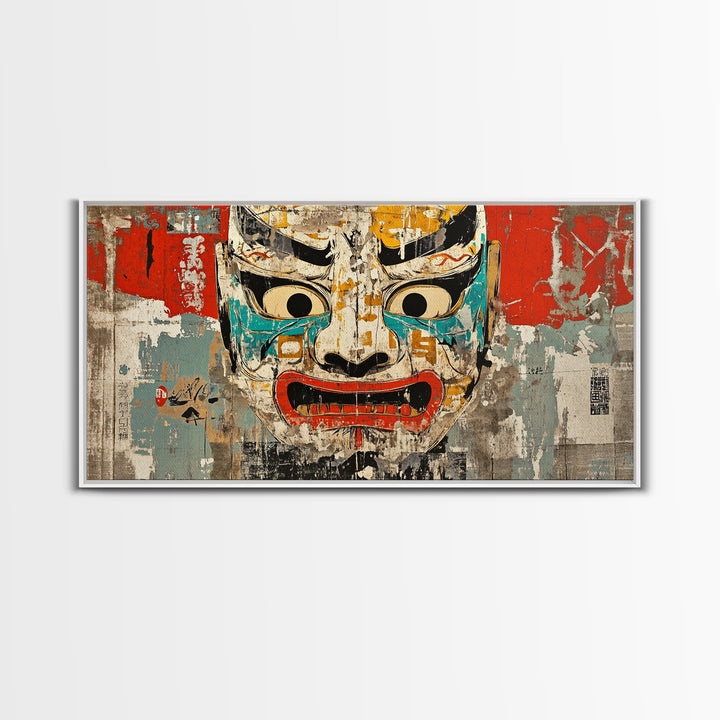 Weathered Japanese Noh Mask Framed Canvas Print, Kabuki Theater Wall Art, Asian Inspired Decor, Bold Eclectic Poster For Office