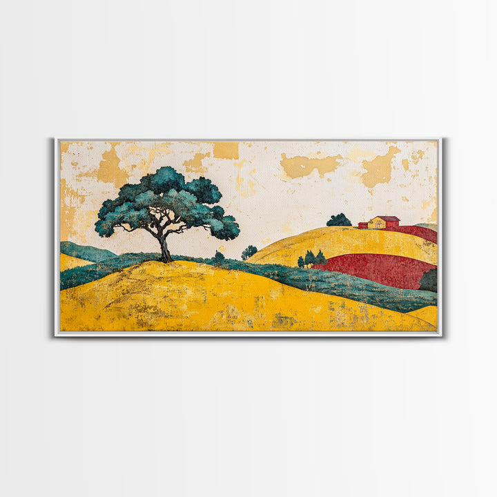 Lone Tree On Golden Rolling Hills Canvas Print, Rustic Country Landscape Art, Farmhouse Wall Decor, Warm Home Decor Wall Art