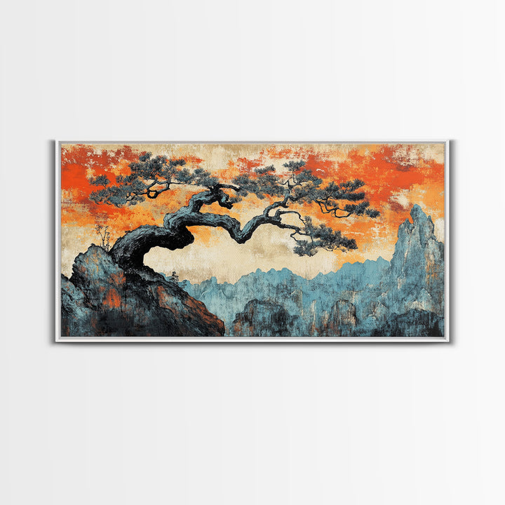 Windswept Pine Over Misty Blue Mountains Wall Art, Asian Landscape Print, Orange Sky Japandi Decor, Large Canvas Print Decor
