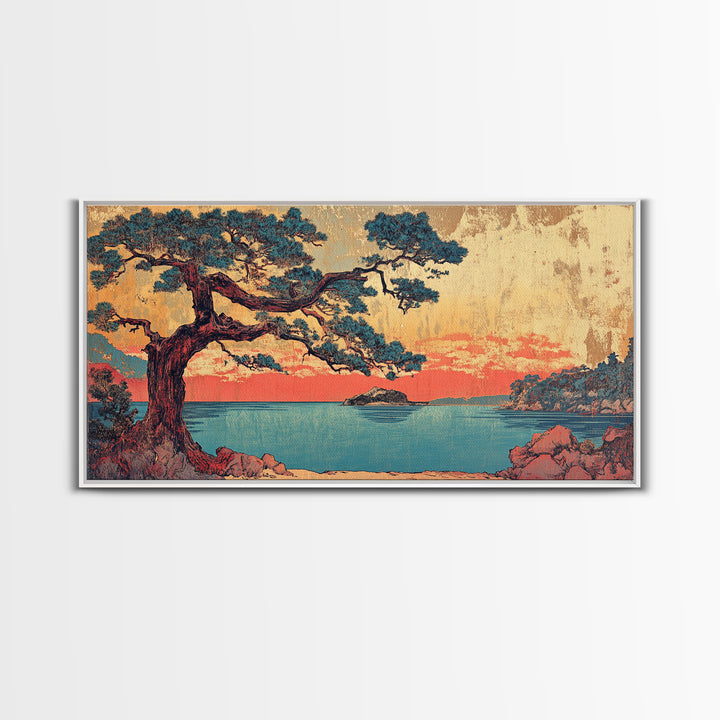 Coastal Pine Tree At Coral Sunset Framed Canvas Print, Japanese Seascape Wall Art, Teal Ocean Decor, Above Sofa Art Print