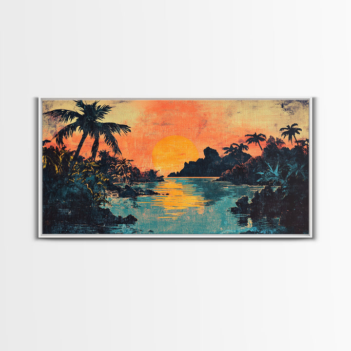 Tropical Lagoon Sunset With Palm Trees Canvas Print, Coastal Wall Art, Island Decor, Vibrant Beach House Living Room Art