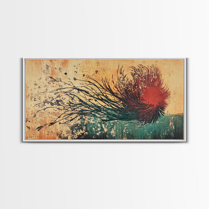 Red Windblown Botanical Flower Wall Art, Textured Japanese Canvas Print, Abstract Floral Living Room Decor, Home Decor Gift For Her