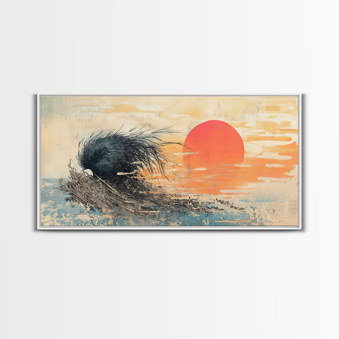 Black Abstract Wave And Red Sun Wall Art, Japanese Ocean Canvas Print, Minimalist Coastal Living Room Decor Gift For Him