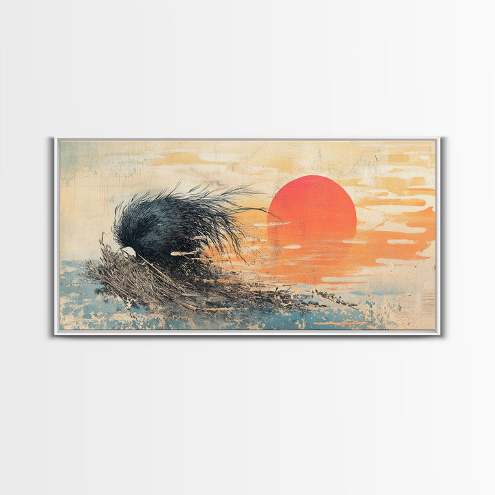 Black Abstract Wave And Red Sun Wall Art, Japanese Ocean Canvas Print, Minimalist Coastal Living Room Decor Gift For Him