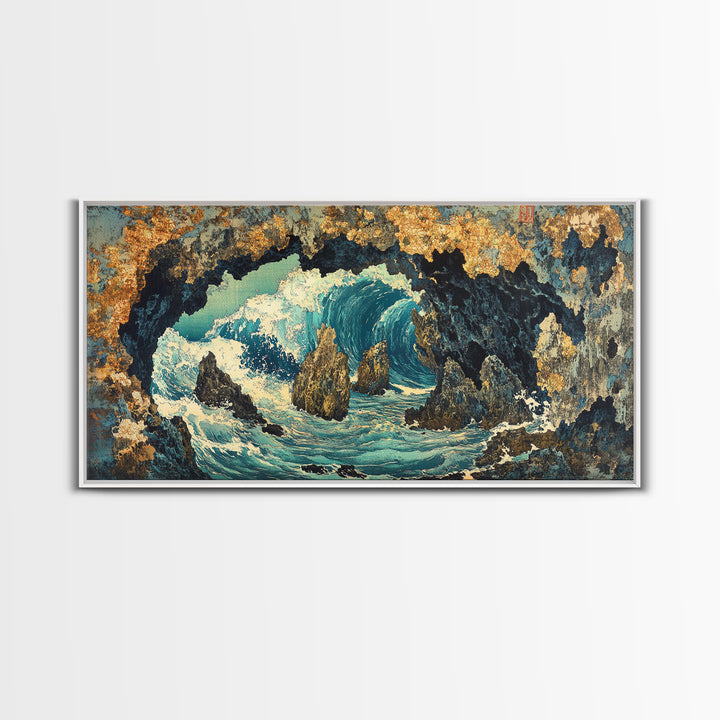 Crashing Ocean Wave Inside Rocky Cave Wall Art, Japanese Seascape Canvas Print, Coastal Nautical Living Room Decor Gift For Her