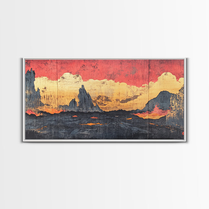 Red Sunset Clouds Over Dark Mountains Wall Art, Japanese Landscape Canvas Print, Moody Rustic Living Room Decor Gift For Him
