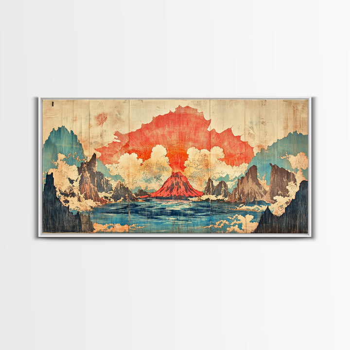Erupting Red Volcano On Blue Mountain Lake Wall Art, Japanese Landscape Canvas Print, Dramatic Nature Living Room Decor Gift