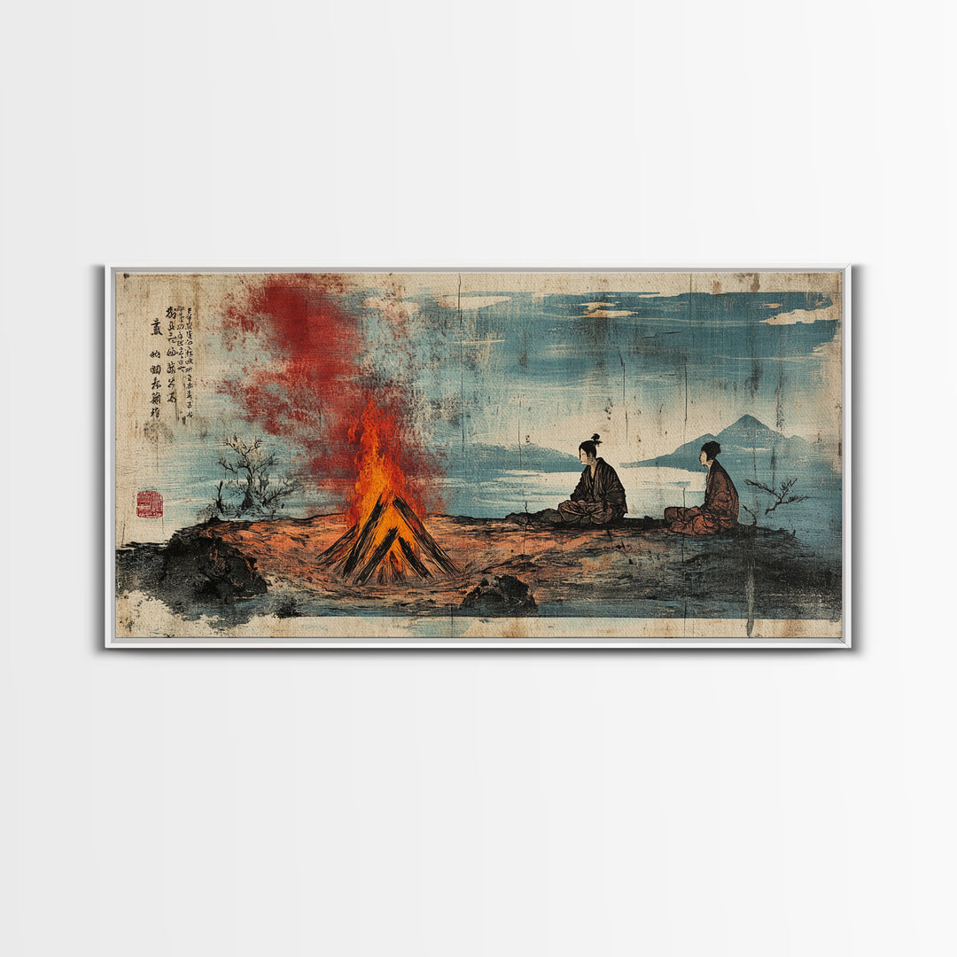 Samurai Figures By Campfire And Lake Wall Art, Japanese Landscape Canvas Print, Zen Rustic Home Decor, Travel Gift For Him
