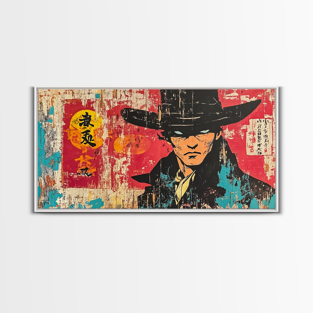 Stoic Asian Cowboy Portrait Wall Art, Samurai Western Canvas Print, Bold Red Black Decor, Masculine Office Art, Gift For Him