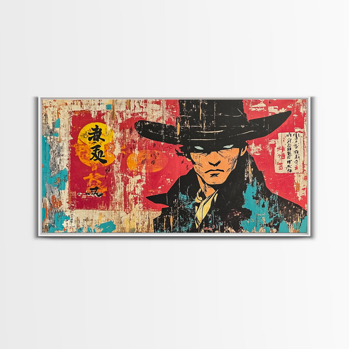 Stoic Asian Cowboy Portrait Wall Art, Samurai Western Canvas Print, Bold Red Black Decor, Masculine Office Art, Gift For Him