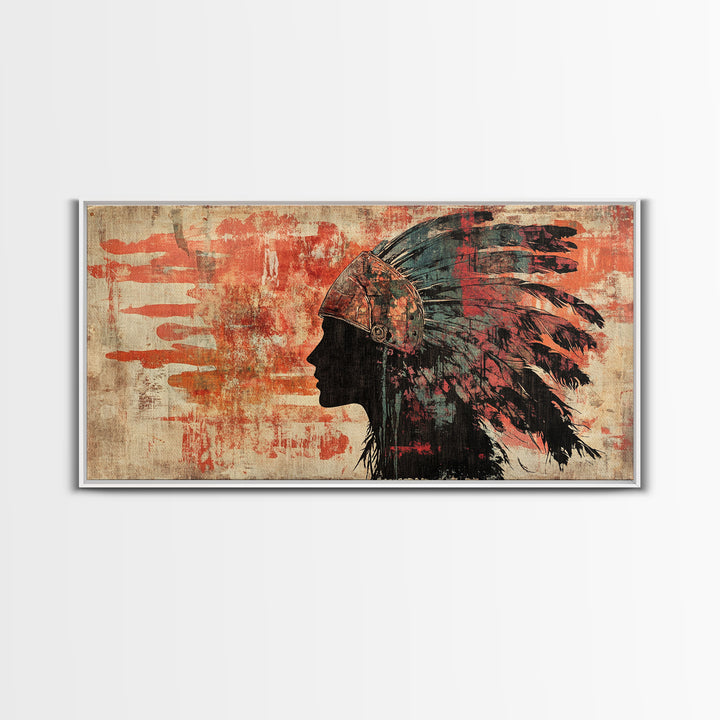 Indigenous Warrior Headdress Silhouette Wall Art, Tribal Canvas Print, Southwestern Decor, Rustic Western Living Room Art