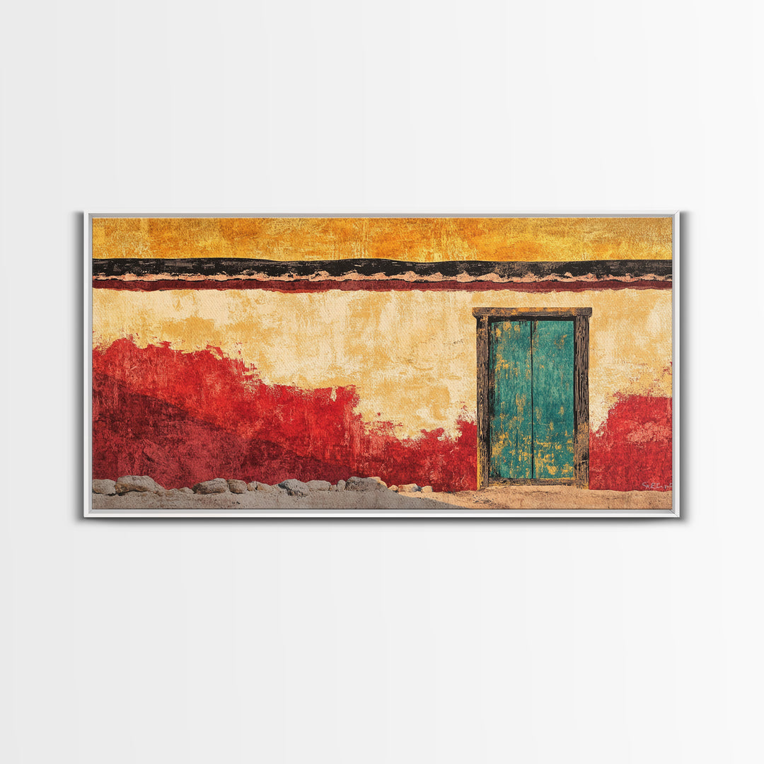 Turquoise Door Adobe Southwest Wall Art, Rustic Canvas Print, Mexican Courtyard Decor, Warm Entryway Living Room Art, Home Decor