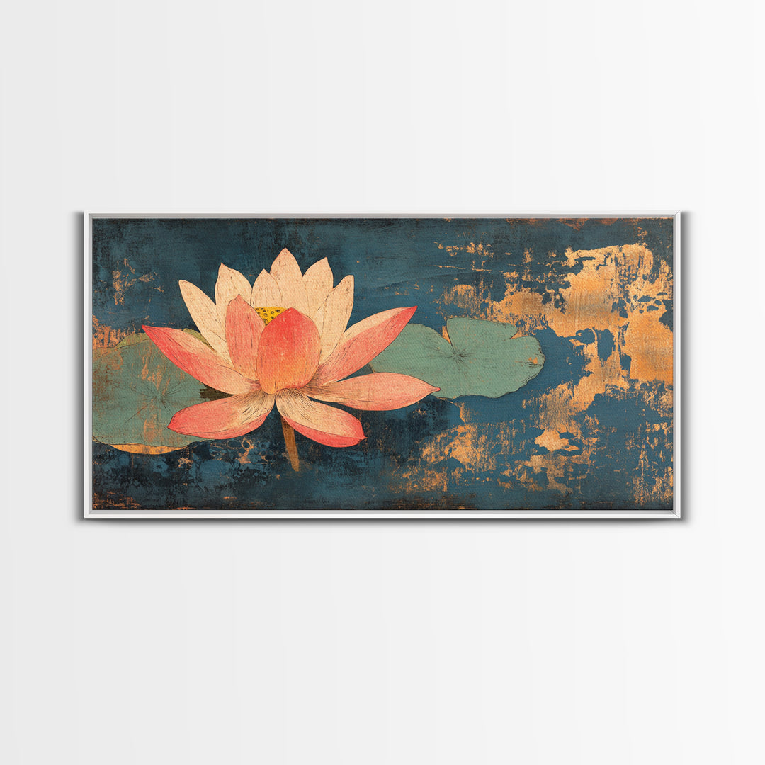 Pink Lotus Flower On Teal Water Wall Art, Zen Canvas Print, Botanical Asian Decor, Meditation Room Spa Wall Decor, Calming Art