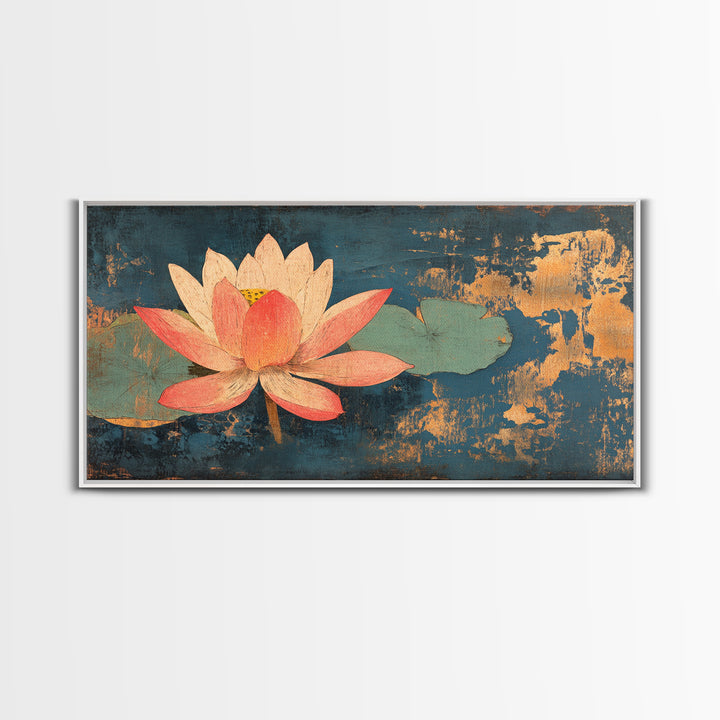 Pink Lotus Flower On Teal Water Wall Art, Zen Canvas Print, Botanical Asian Decor, Meditation Room Spa Wall Decor, Calming Art