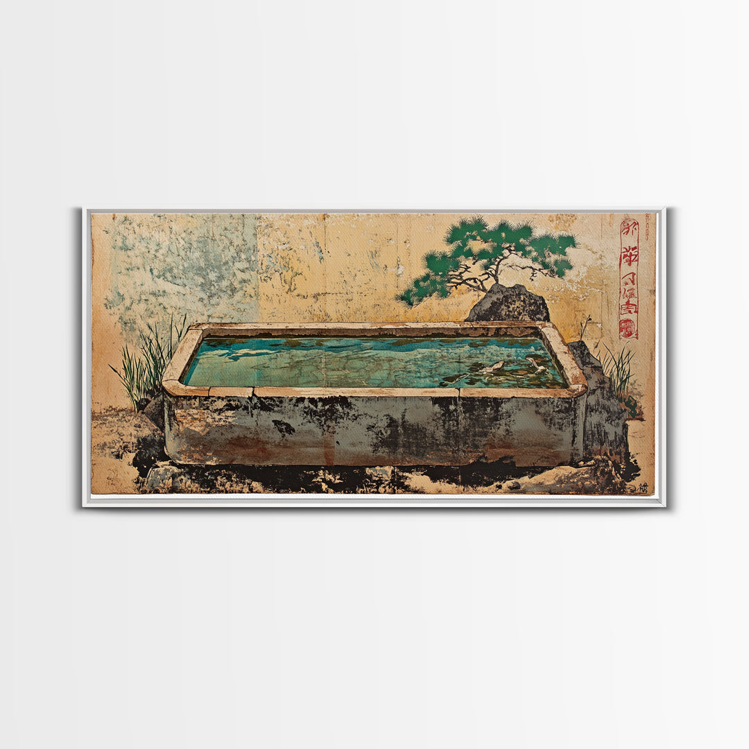 Japanese Stone Water Trough Garden Wall Art, Zen Framed Canvas Print, Bonsai Decor, Spa Meditation Room Wall Decor, Japandi Decor