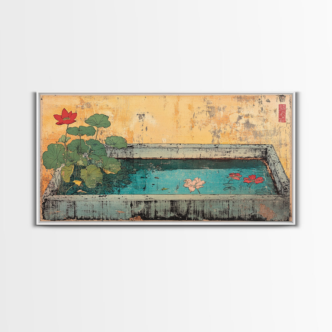Lotus Koi Pond Garden Basin Wall Art, Japanese Canvas Print, Botanical Zen Decor, Spa Bathroom Living Room Wall Decor, Home Decor