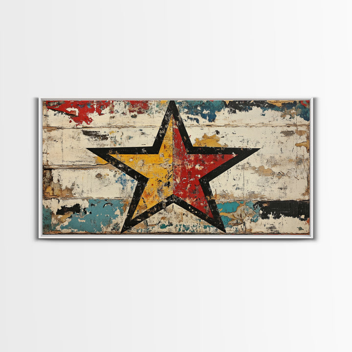 Distressed Red Yellow Star Wall Art, Rustic Americana Canvas Print, Farmhouse Wall Decor, Game Room Decor, Unique Gift For Him