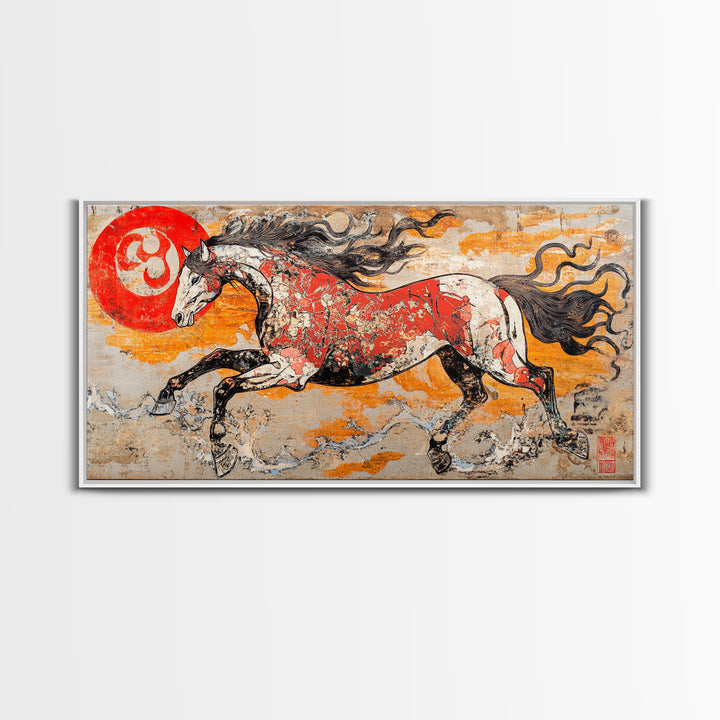 Galloping Horse And Red Sun Wall Art, Japanese Style Canvas Print, Equestrian Decor, Western Living Room Art, Home Decor Gift