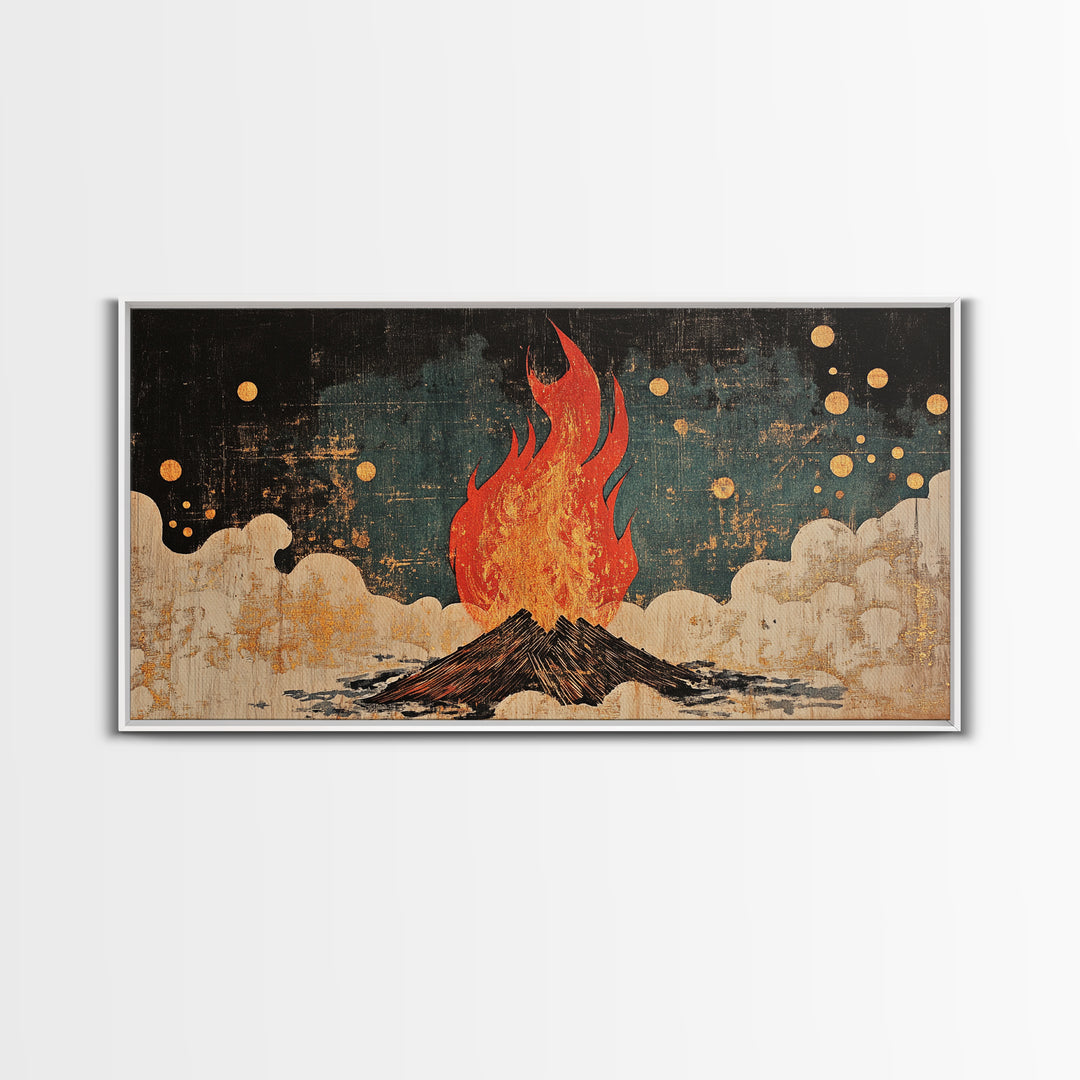 Blazing Campfire Under Moonlit Sky Wall Art, Dark Folk Art Print, Celestial Boho Decor, Rustic Cabin Lodge Home Decor Framed Canvas
