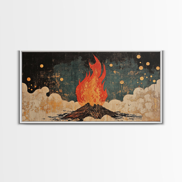 Blazing Campfire Under Moonlit Sky Wall Art, Dark Folk Art Print, Celestial Boho Decor, Rustic Cabin Lodge Home Decor Framed Canvas