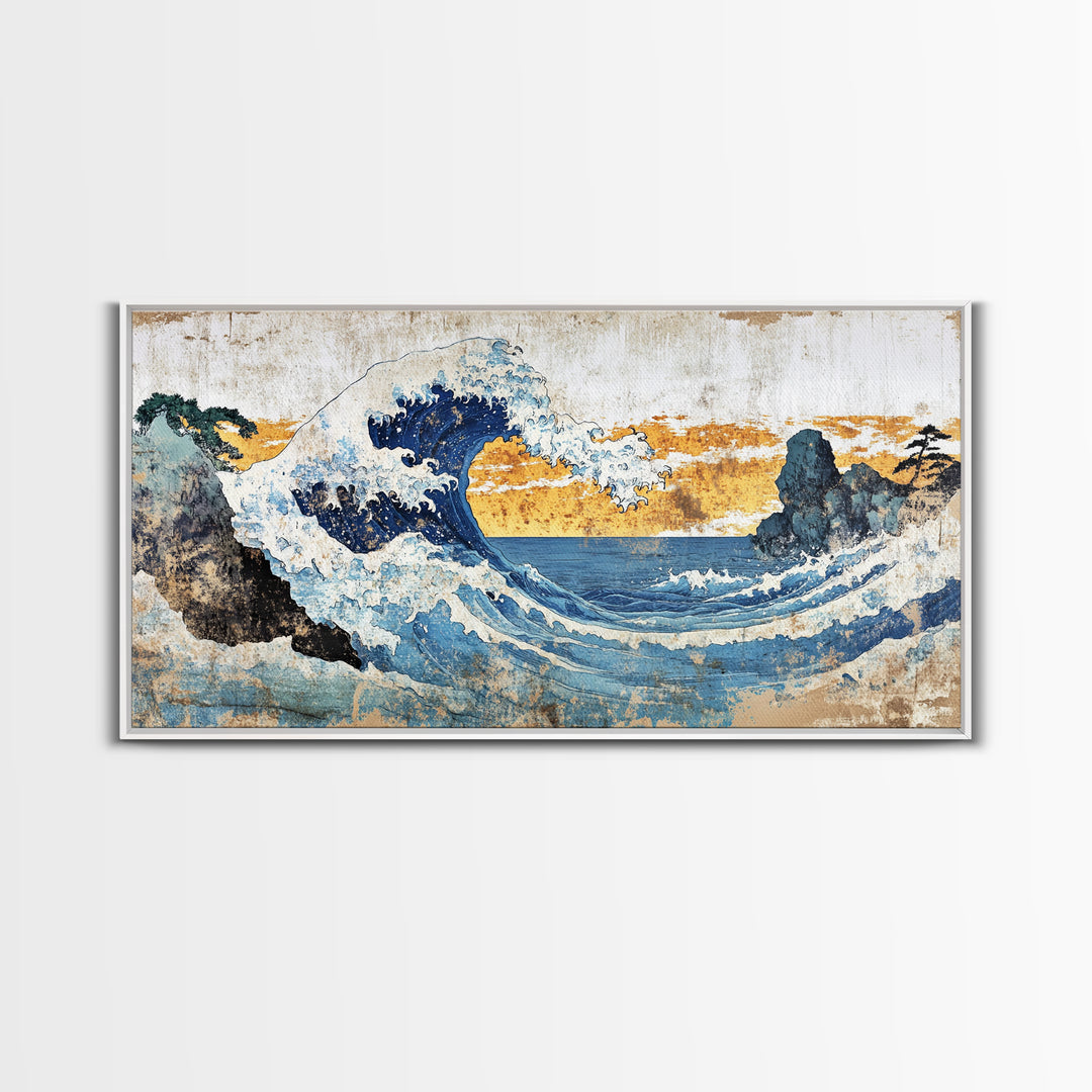 Crashing Ocean Wave Between Rocks Wall Art, Japanese Seascape Print, Coastal Decor, Nautical Living Room Framed Canvas Print
