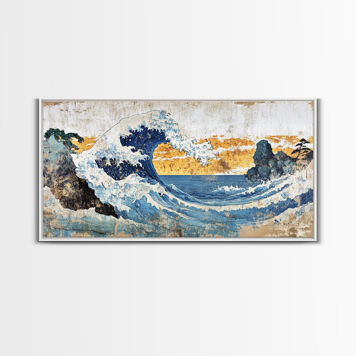 Crashing Ocean Wave Between Rocks Wall Art, Japanese Seascape Print, Coastal Decor, Nautical Living Room Framed Canvas Print