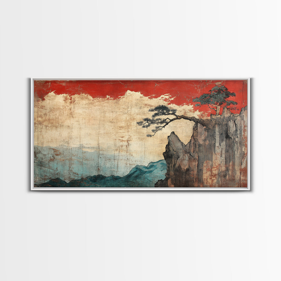 Red Sky Cliff And Pine Mountain Wall Art, Japanese Landscape Print, Moody Nature Decor, Large Japandi Living Room Framed Canvas