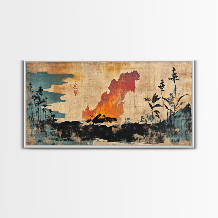 Erupting Volcano With Dark Forest Silhouette Wall Art, Japanese Landscape Canvas Print For Moody Office Decor And Home Decor