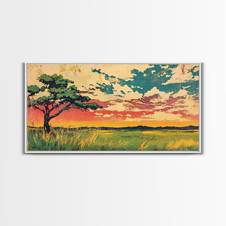 Acacia Tree At Sunset Over Golden Grassland Wall Art, African Landscape Canvas Print For Boho Decor And Warm Home Decor Art