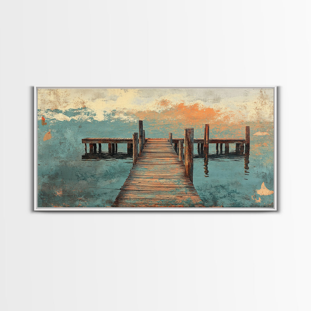 Weathered Wooden Dock Over Calm Water Wall Art, Coastal Canvas Print For Lake House Decor And Nautical Living Room Decor
