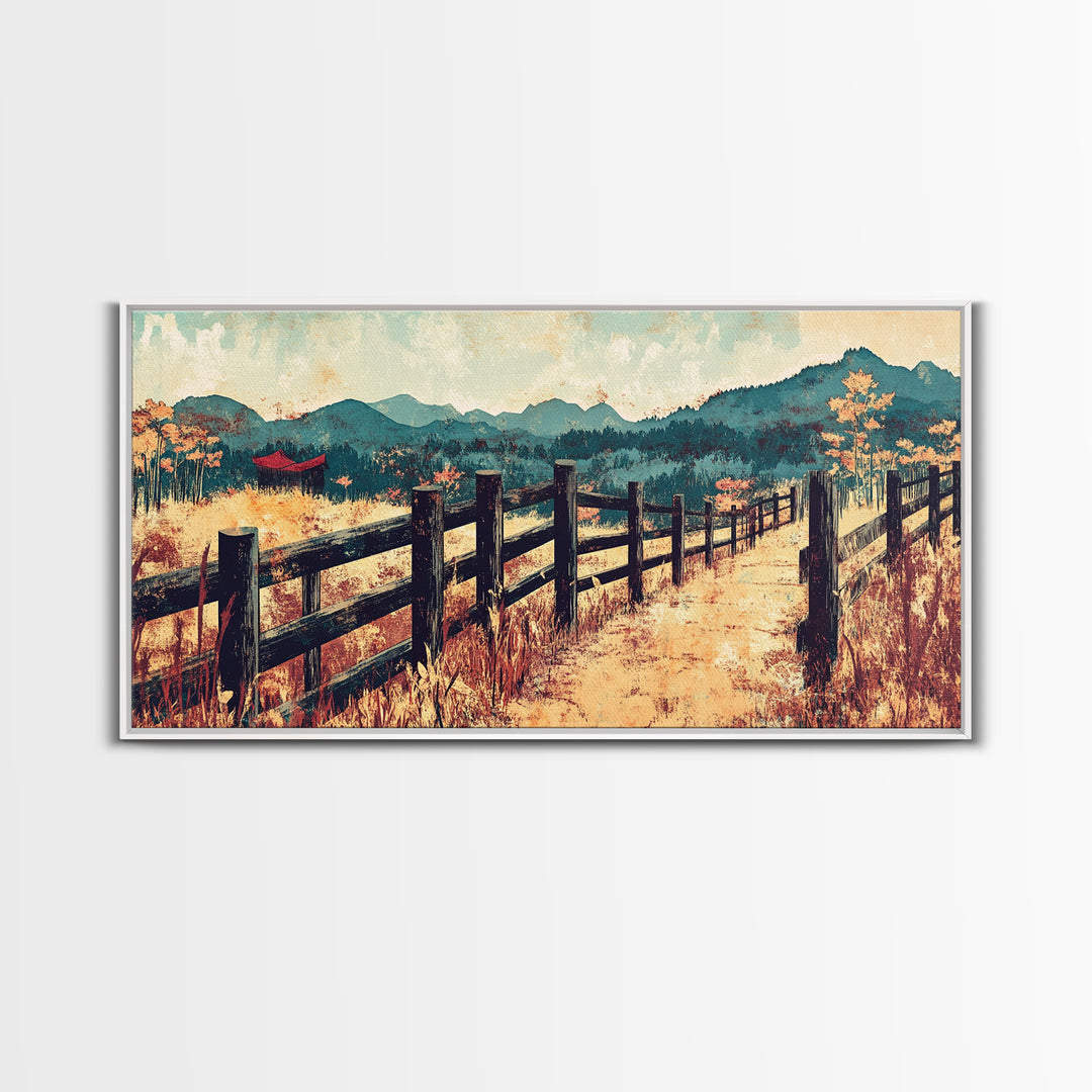 Mountain Fence Path Through Autumn Fields Wall Art, Rustic Landscape Canvas Print For Farmhouse Decor And Entryway Decor