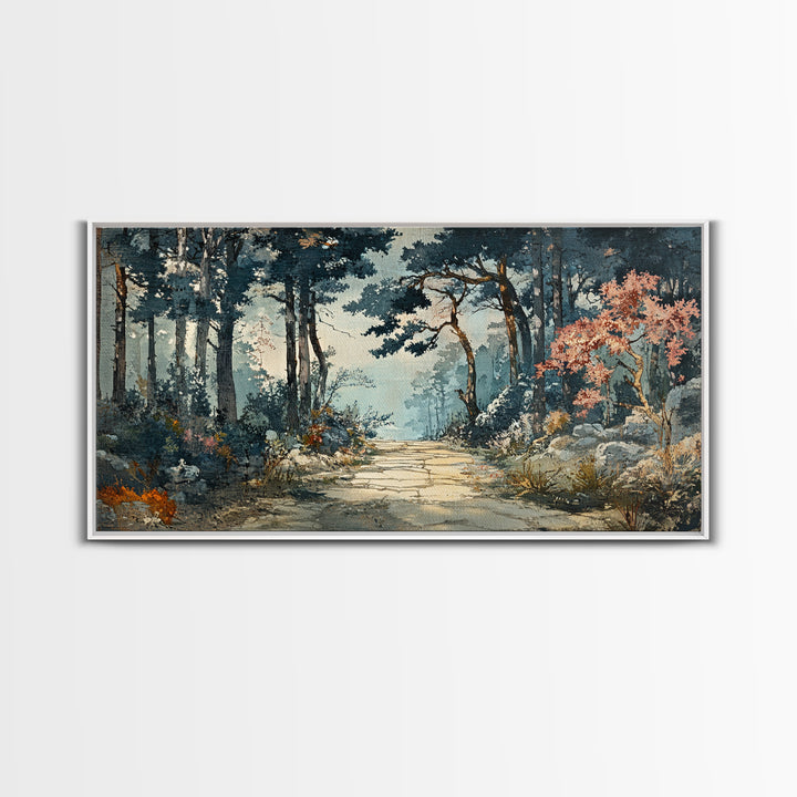 Misty Forest Path With Pink Blossoms Wall Art, Moody Woodland Canvas Print For Nature Decor And Serene Living Room Decor