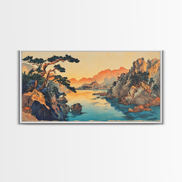 Serene Asian River Valley With Pine And Cliffs Framed Canvas Print, Japanese Landscape Art, Coastal Wall Decor, Zen Home Decor