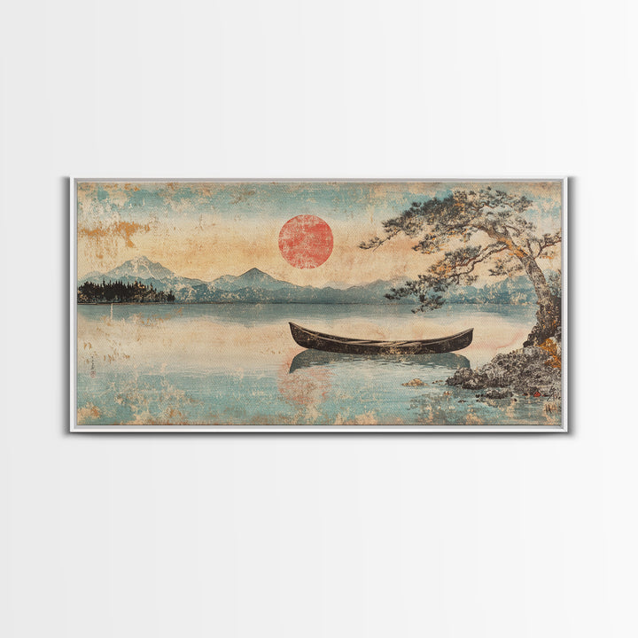 Quiet Canoe On Misty Mountain Lake Wall Art, Japanese Landscape Print, Serene Nature Home Decor, Above Bed Horizontal Art