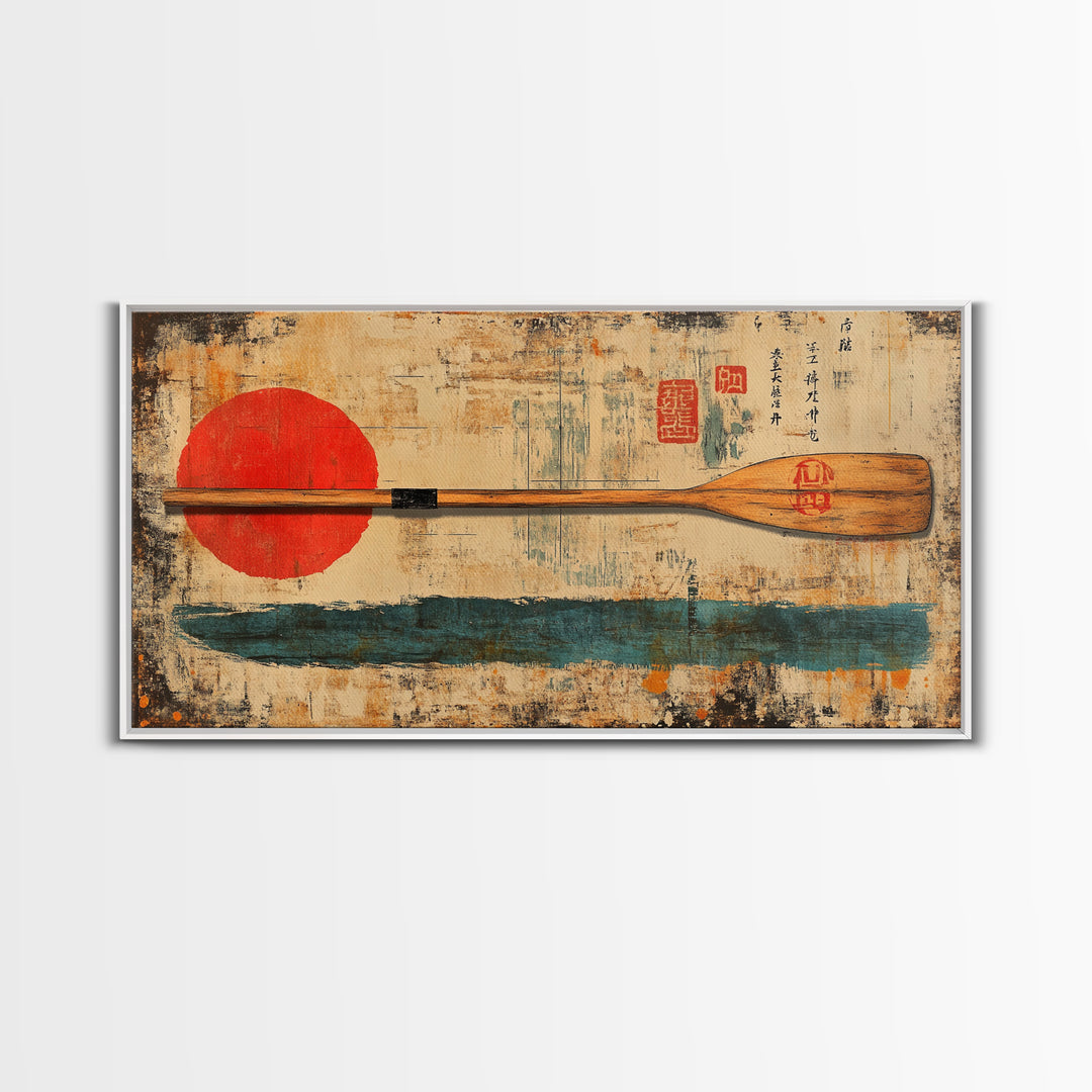 Wooden Canoe Paddle With Red Sun Canvas Print, Japanese Wall Art, Rustic Nautical Decor, Lake House Gift, Long Horizontal Art