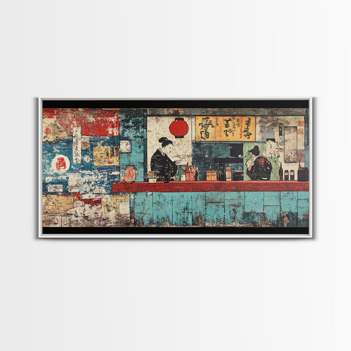 Retro Japanese Ramen Shop With Chef And Diner Canvas Print, Kitchen Wall Art, Restaurant Decor, Asian Food Poster, Home Decor