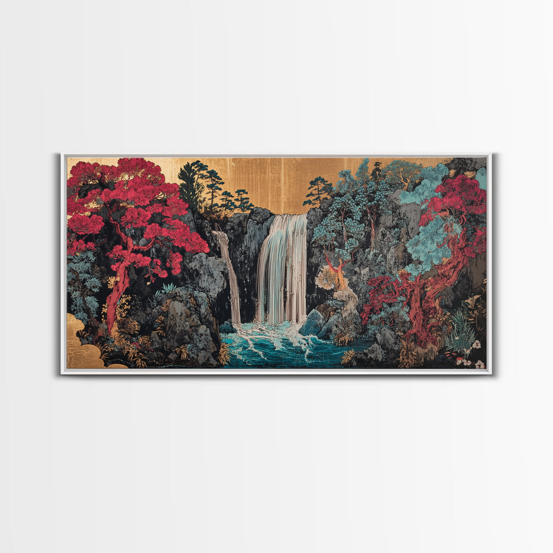 Lush Waterfall With Pink Forest Wall Art, Japanese Garden Canvas Decor, Moody Botanical Landscape Print For Living Room Decor