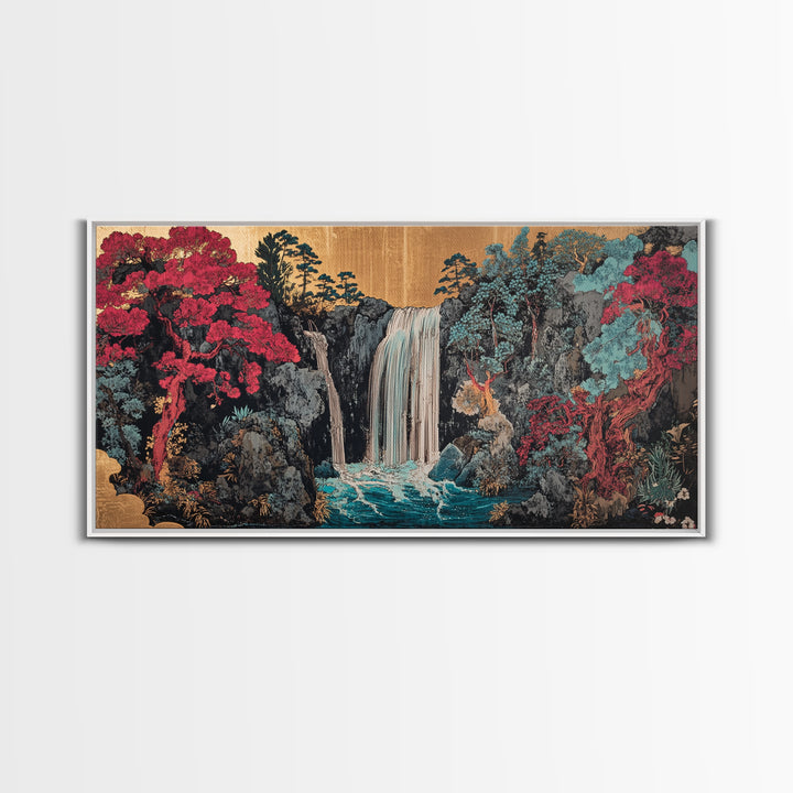 Lush Waterfall With Pink Forest Wall Art, Japanese Garden Canvas Decor, Moody Botanical Landscape Print For Living Room Decor