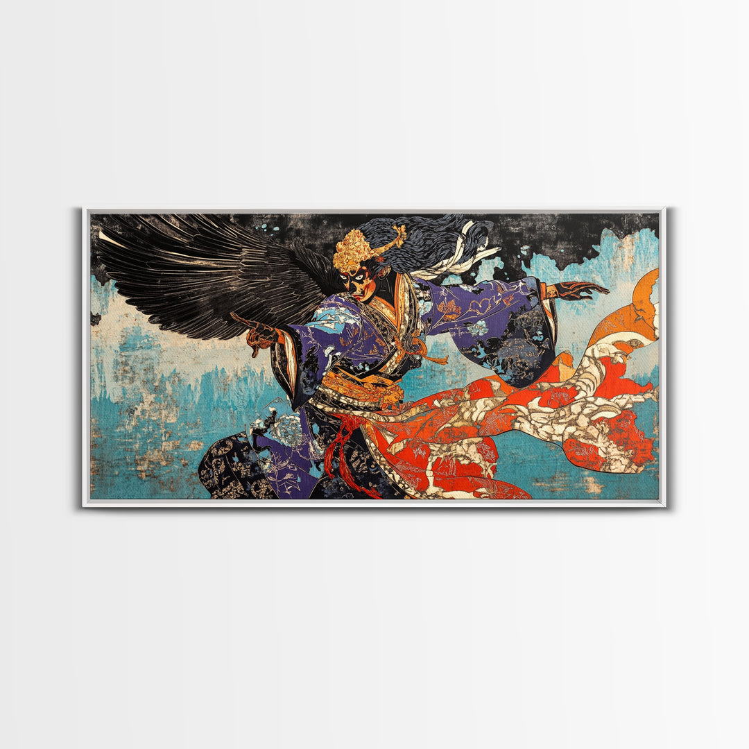 Winged Samurai Warrior In Blue Kimono Wall Art, Japanese Mythological Canvas Decor, Dramatic Fantasy Art Print For Office