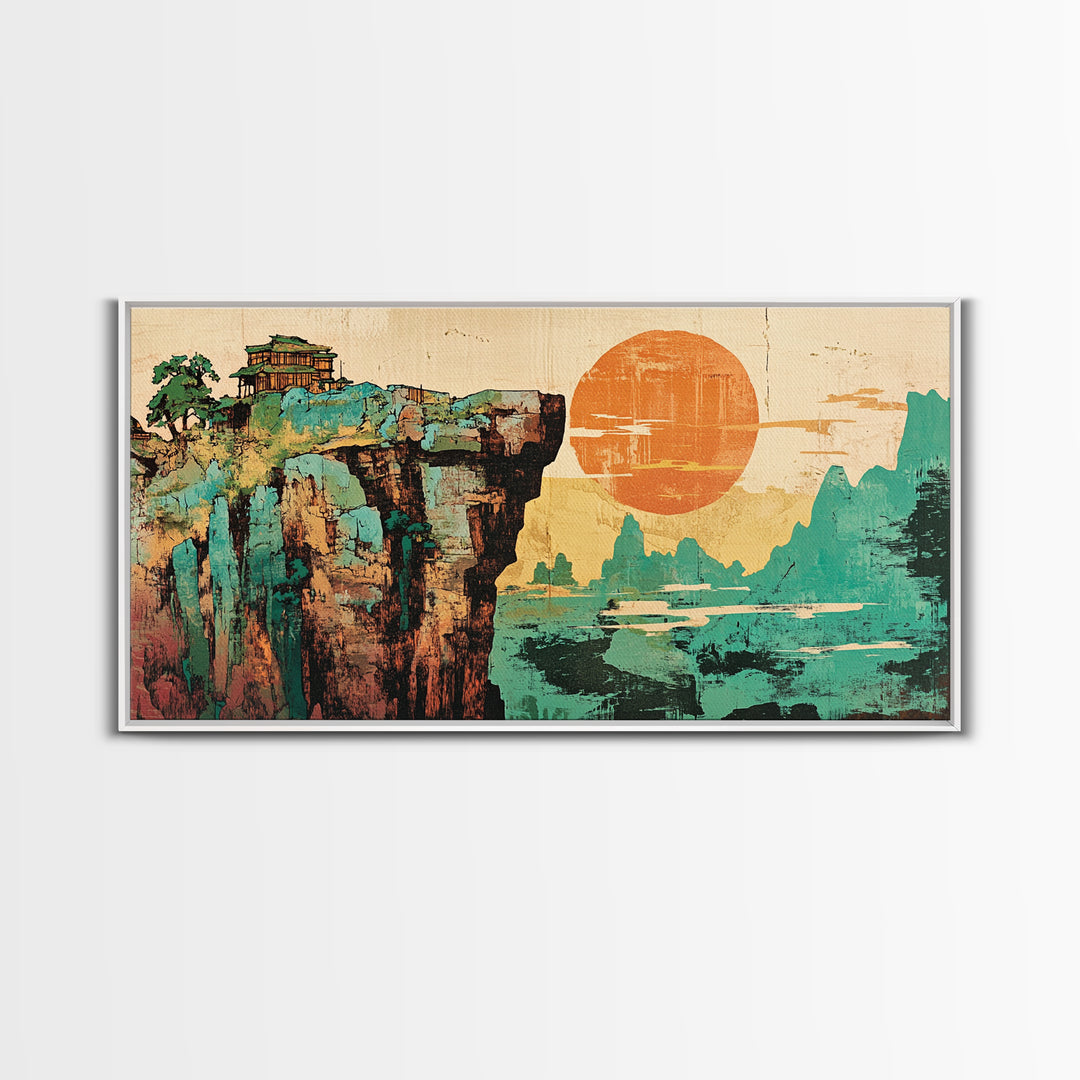 Cliffside Temple And Orange Sun Framed Canvas Print, Asian Landscape Wall Art, Japandi Home Decor For Modern Living Room