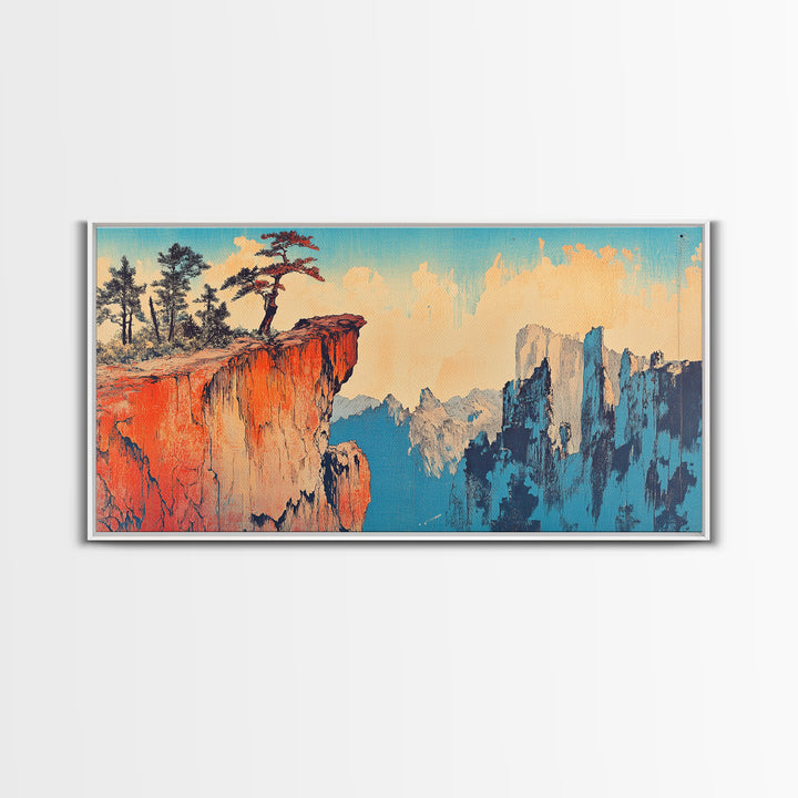 Red Canyon Cliff With Windswept Pines Canvas Print, Asian Mountain Landscape Wall Art, Large Japandi Home Decor For Living Room