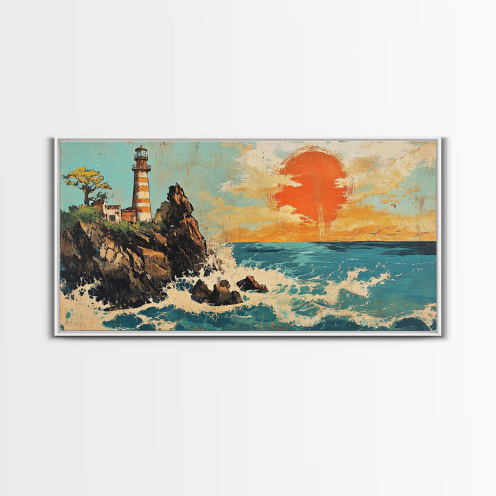Rocky Lighthouse At Orange Ocean Sunset Framed Canvas Print, Nautical Coastal Wall Art, Beach House Decor Gift For Living Room