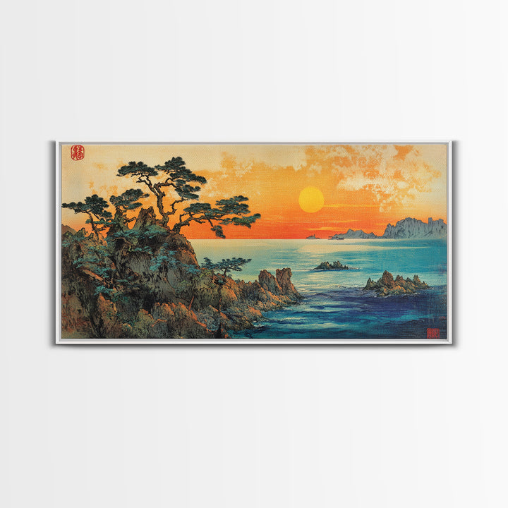 Golden Sunset Over Pine Covered Rocky Coast Canvas Print, Coastal Landscape Wall Art, Serene Beach House Decor For Living Room