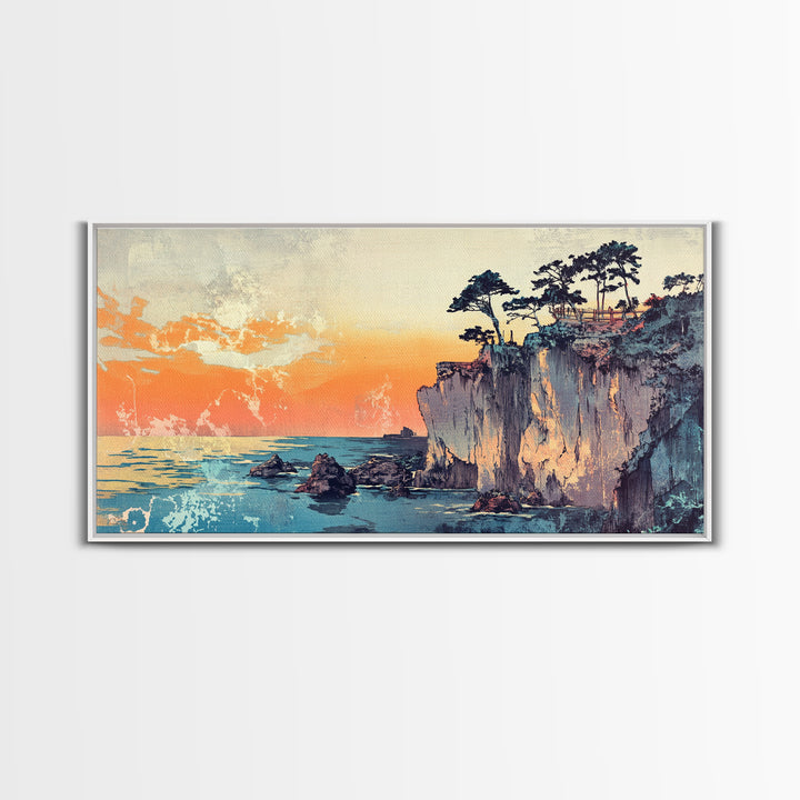 Sunset Sea Cliffs With Windswept Pines Wall Art, Coastal Canvas Print, Ocean Landscape Home Decor For Modern Living Room