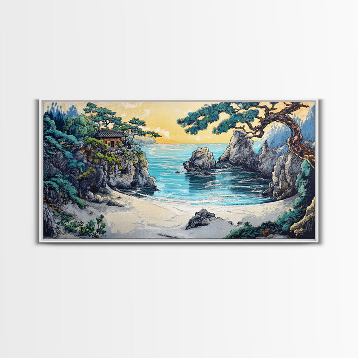 Secluded Turquoise Cove With Cliffside Temple Framed Canvas Print, Japanese Coastal Wall Art, Japandi Home Decor For Living Room