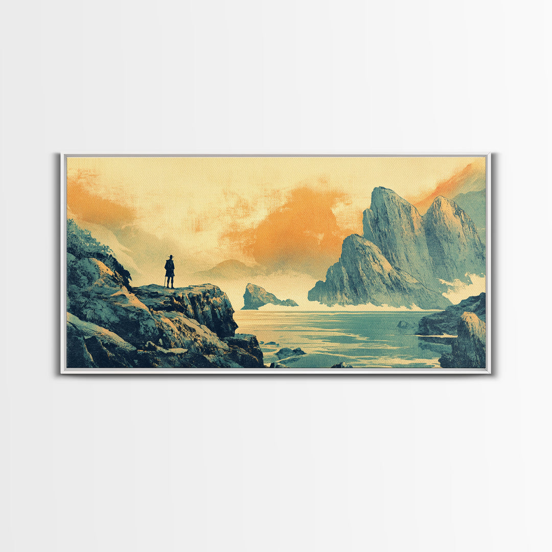 Lone Traveler Over Misty Mountain Lake Framed Canvas Print, Asian Landscape Wall Art, Calming Japandi Home Decor For Living Room