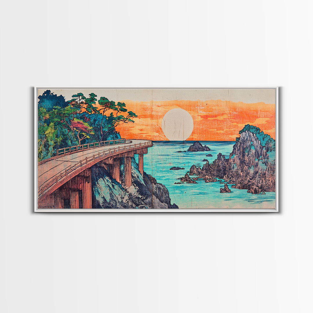 Retro Coastal Bridge Over Turquoise Sea Framed Canvas Print, Japanese Landscape Art, Beach House Decor, Large Wall Art, Art Print