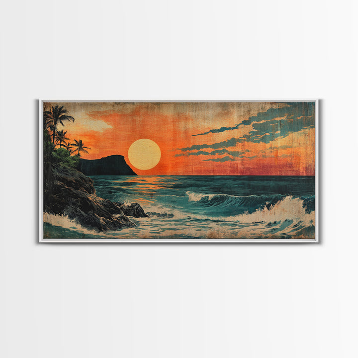 Tropical Island Sunset With Orange Sky And Waves Framed Canvas Print, Coastal Wall Art, Beach House Decor, Ocean Art, Living Room Decor