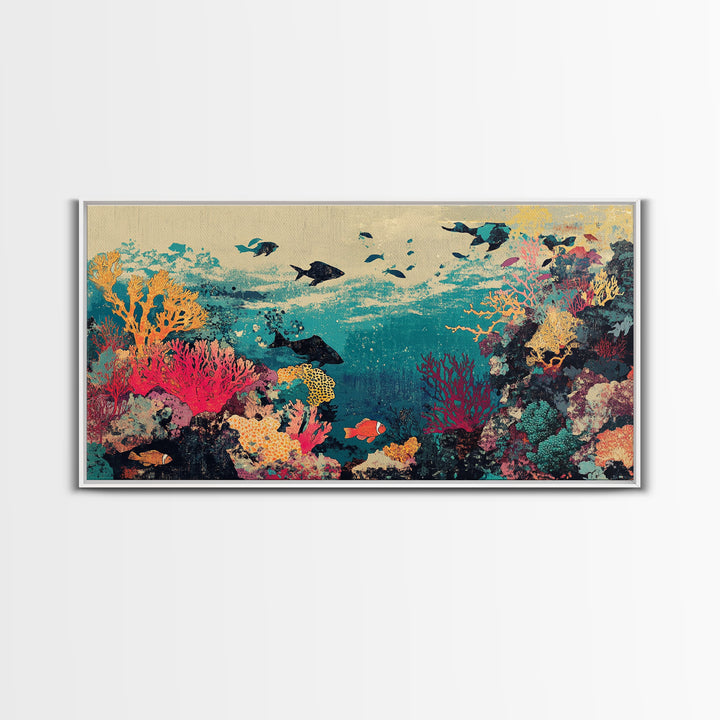 Vibrant Coral Reef Fish And Sharks Wall Art, Coastal Ocean Canvas Decor, Tropical Sea Life Print, Beach House Gift, Living Room Decor