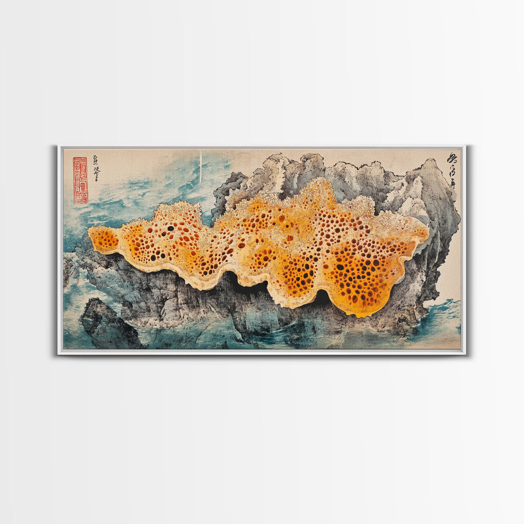 Orange Sea Sponge On Rock Wall Art, Japanese Coastal Print, Ocean Life Decor, Textured Marine Canvas, Beach House Gift, Wall Decor